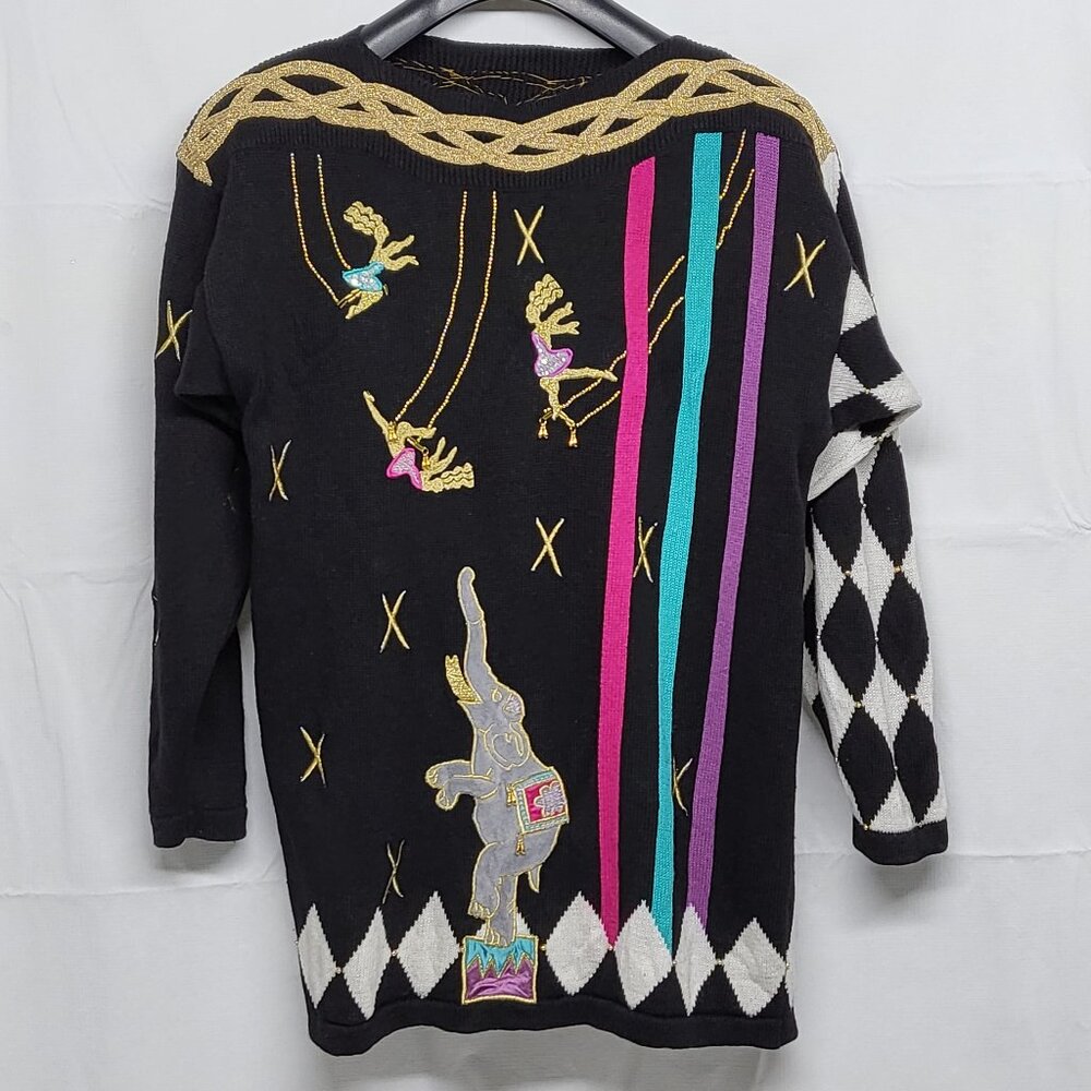 Vintage Womens Sweater One Size Plus Circus Whimsical Embroidered Chain Beads